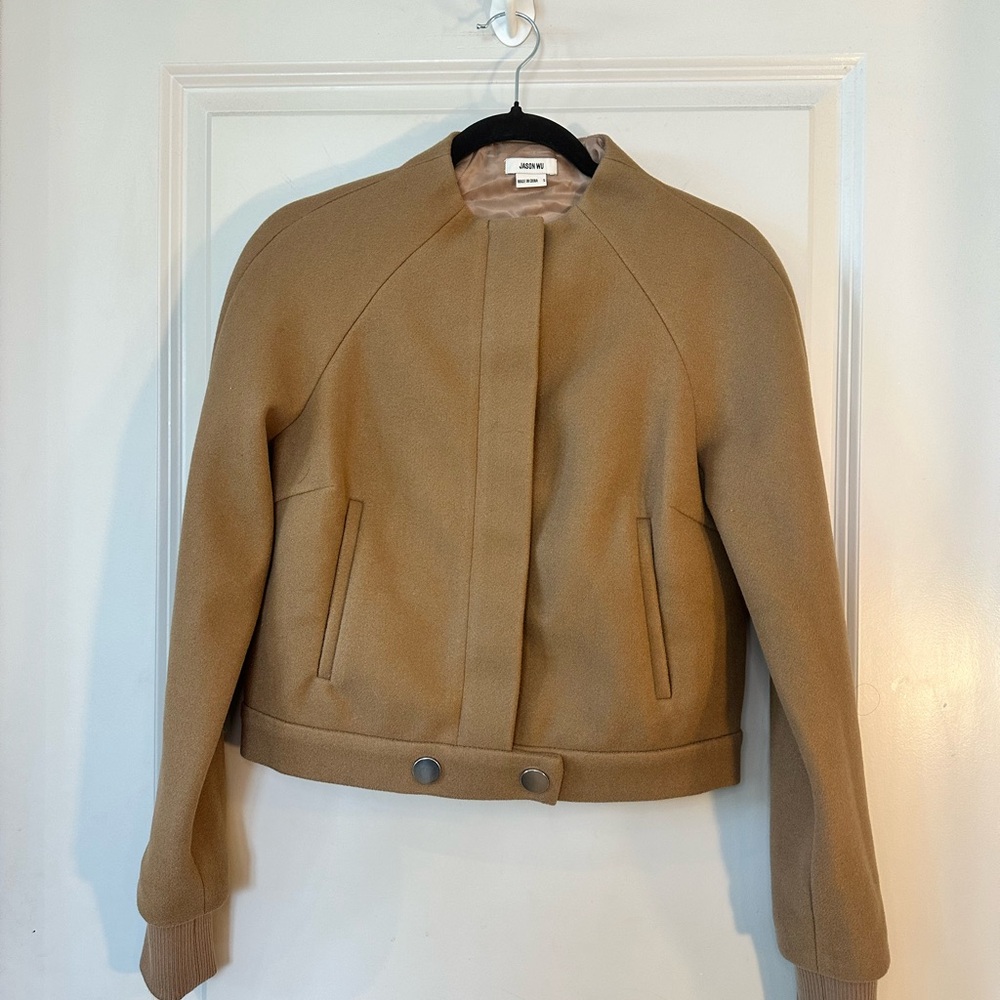 NWOT Jason Wu Designer Camel Tan Snap Button Crop Bomber Jacket, Size Small - Picture 6 of 8